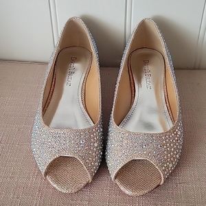 David's Bridal Rhinestone peeptoe flats with very small wedge heel.